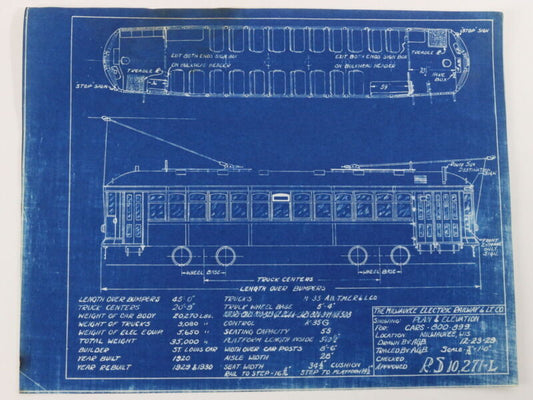 Milwaukee Electric Plan & Elevation Cars 800-899 Trolley Blueprint 1929 11"