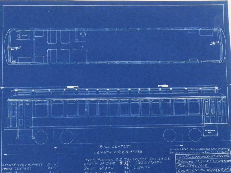 Milwaukee Electric Plan & Elevation Cars 1008 Trolley Blueprint 1922 10.75"