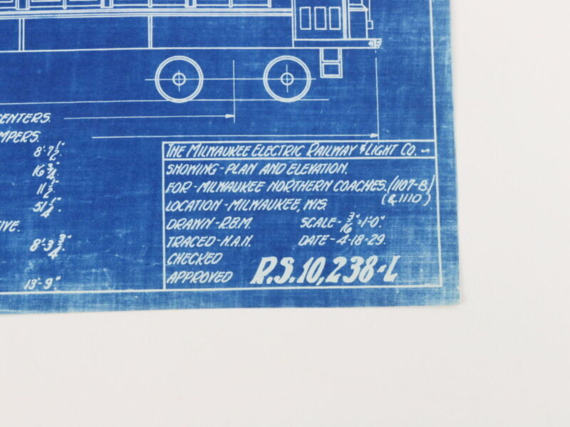 Milwaukee Electric Plan & Elevation Coaches 1107-8 Trolley Blueprint 1929 11"