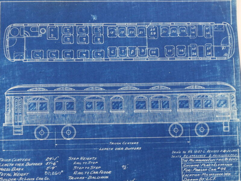 Milwaukee Electric Plan & Elevation Parlor Car 99 Trolley Blueprint 1923 11"