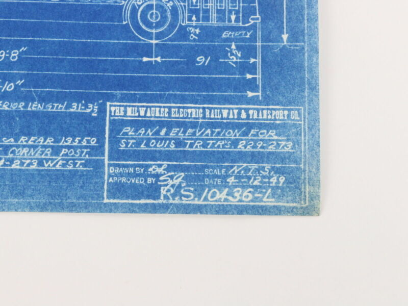 Milwaukee Electric Plan Elevation St Louis TR TRS Trolley Blueprint 1949 11"