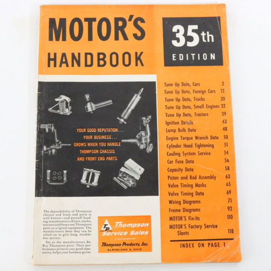 Motors Handbook 35th Edition Thompson Service Sales Motor 1958 USA