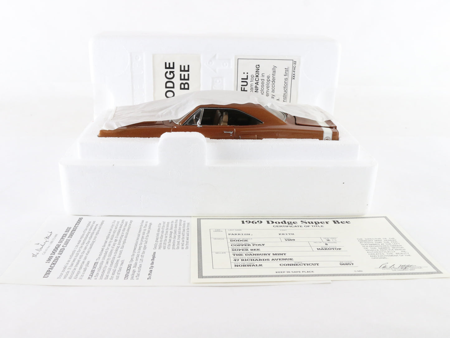 1969 Dodge Super Bee Hardtop Copper Poly Brown Danbury Mint 1:24 Diecast Model