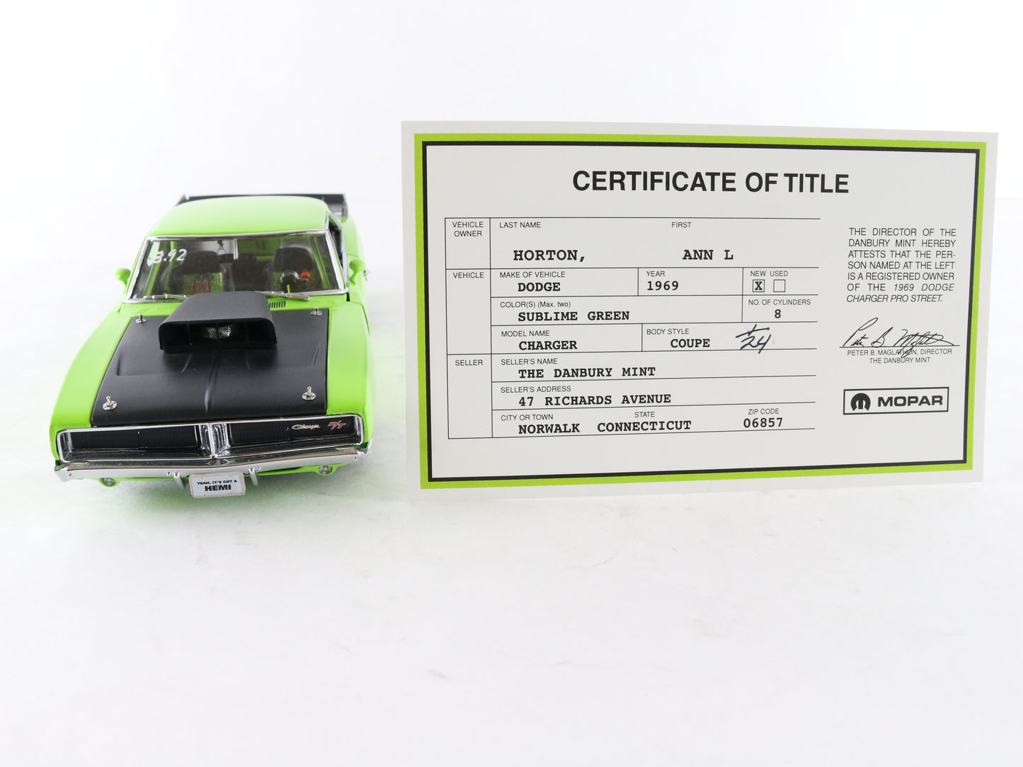 1969 Dodge Charger HEMI Pro Street Green Dragster Danbury Mint 1:24 Model Car