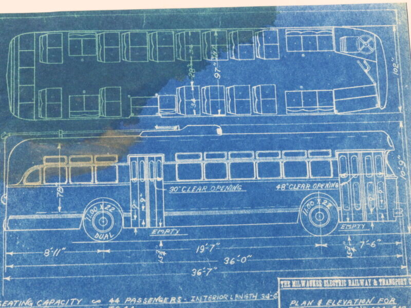 Milwaukee Electric Plan & Elevation Mh TR TRS 424-449 Trolley Blueprint 1949 11"