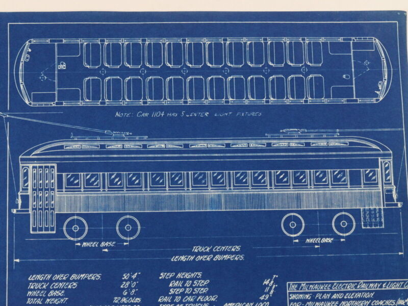 Milwaukee Electric Plan & Elevation Northern Coaches 1102 Blueprint 1929 11"