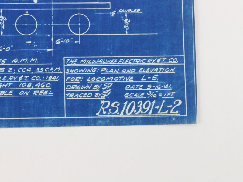 Milwaukee Electric Plan & Elevation Locomotive L-5 Trolley Blueprint 1941 11"