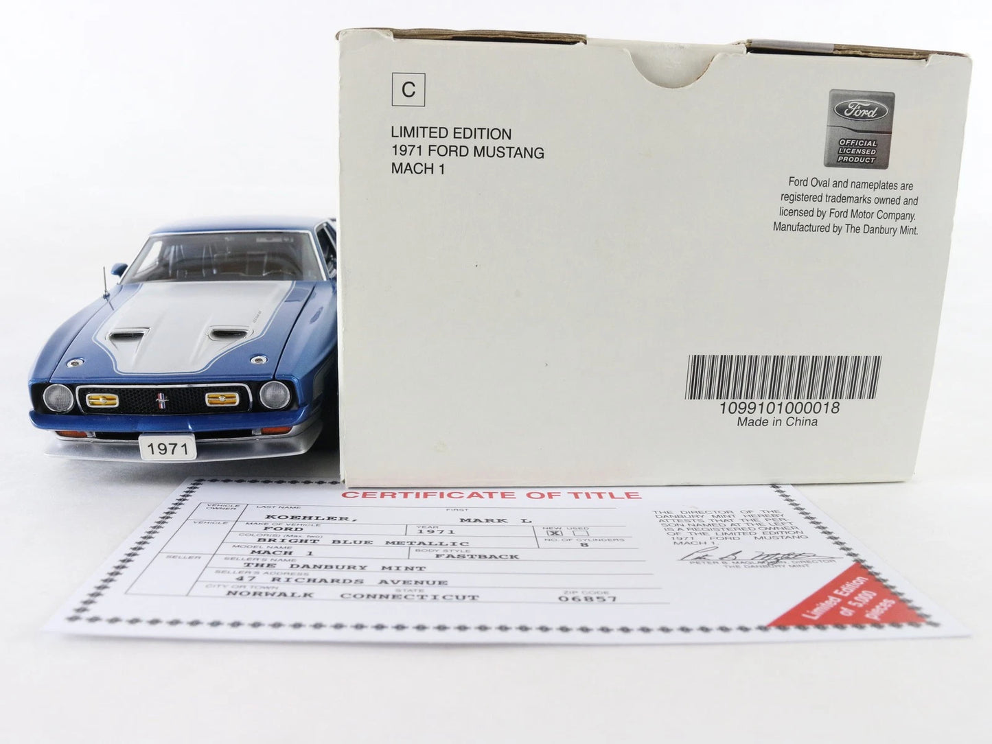 1971 Ford Mustang Fastback Mach 1 Blue #1163/5000 Danbury 1:24 Diecast Model