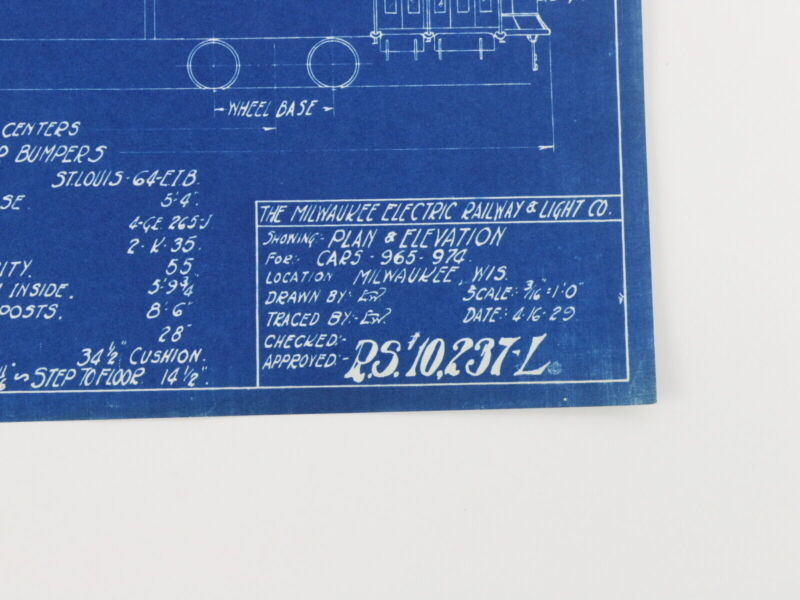 Milwaukee Electric Plan & Elevation Cars 965-974 Trolley Blueprint 1929 11"