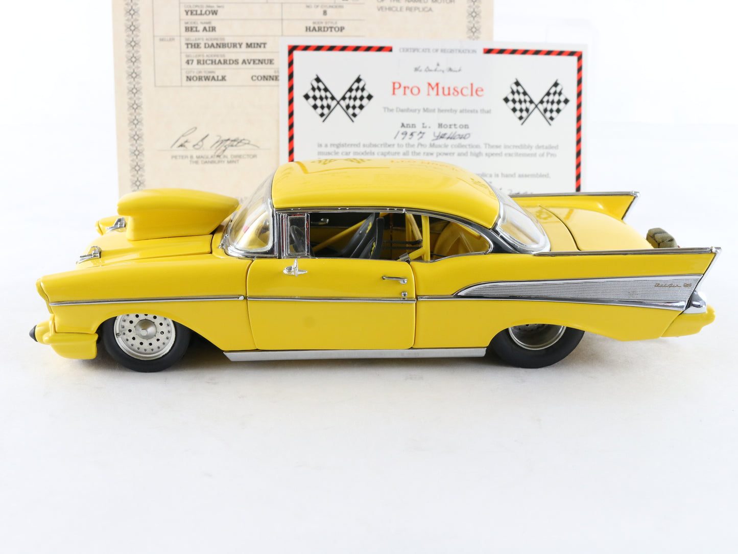 1957 Chevrolet Bel Air Pro Street Hardtop Yellow Danbury Mint 1:24 Model Car