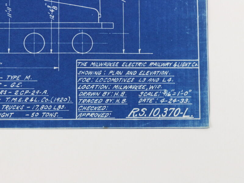 Milwaukee Electric Plan & Elevation Locomotive L3 L4 Trolley Blueprint 1933 11"