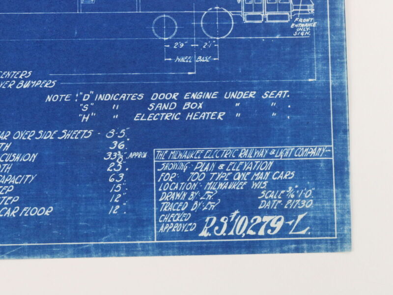 Milwaukee Electric Plan & Elevation 700 Type One Man Cars Blueprint 1930 11"