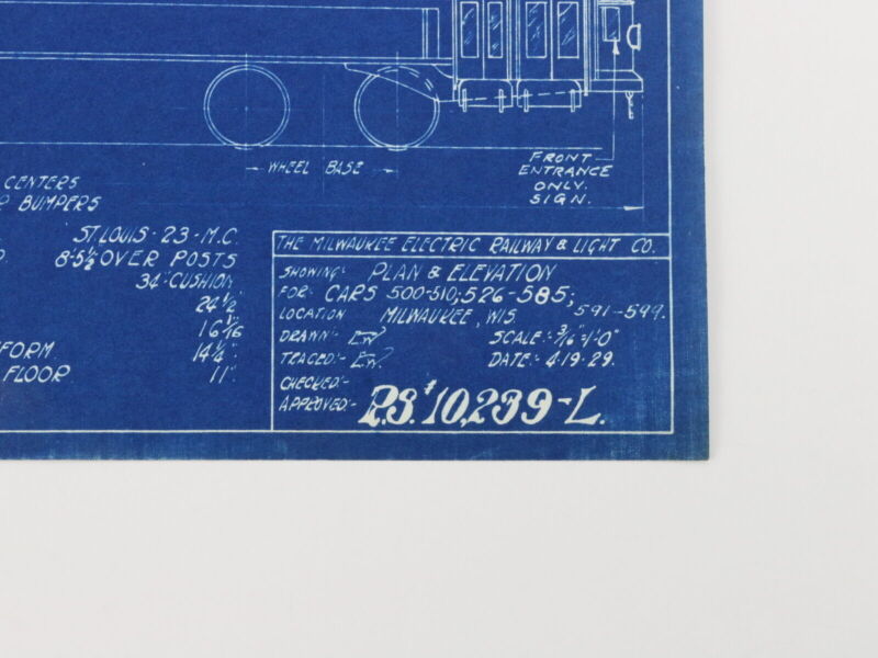 Milwaukee Electric Plan & Elevation Cars 500-510 526-585 Blueprint 1929 11"