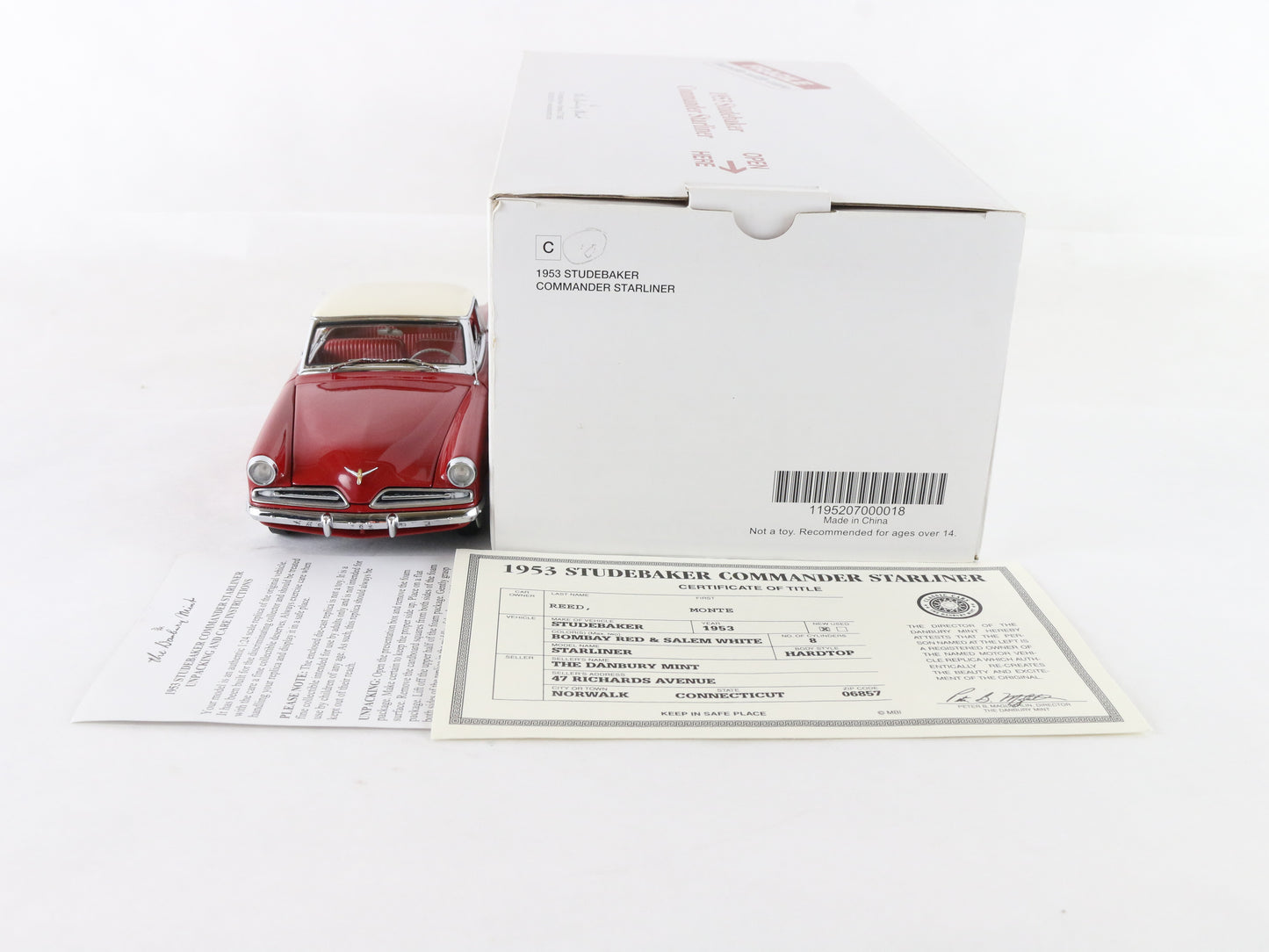 1953 Studebaker Commander Starliner Hardtop Red White Danbury Mint 1:24 Diecast