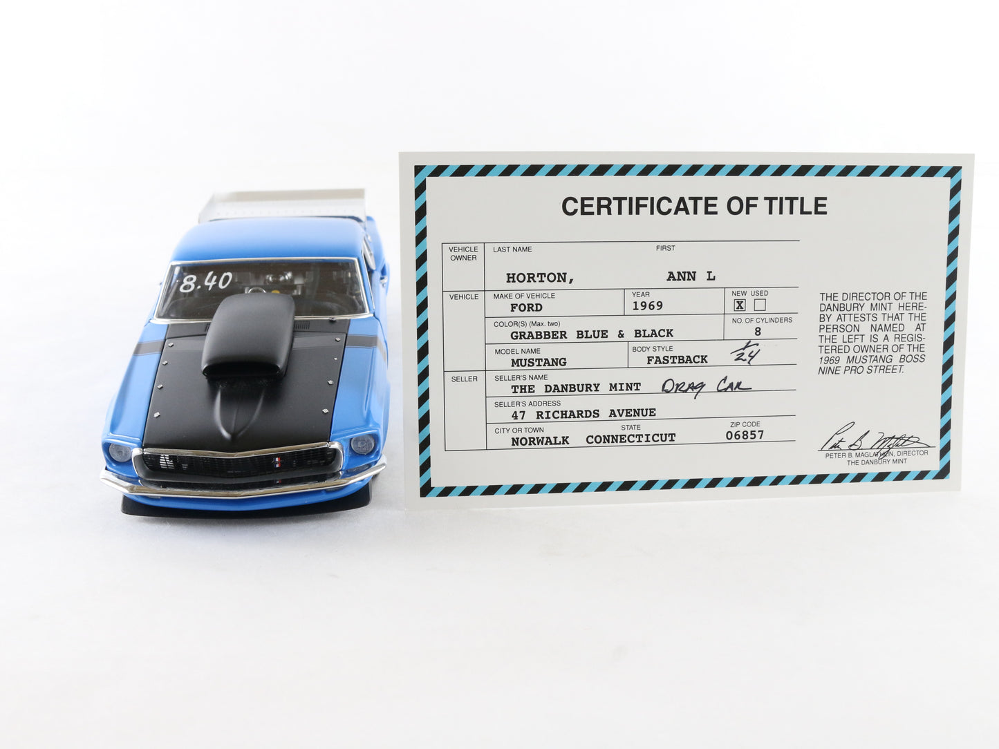 1969 Ford Mustang Boss Nine Pro Street Blue Black Danbury Mint 1:24 Model Car