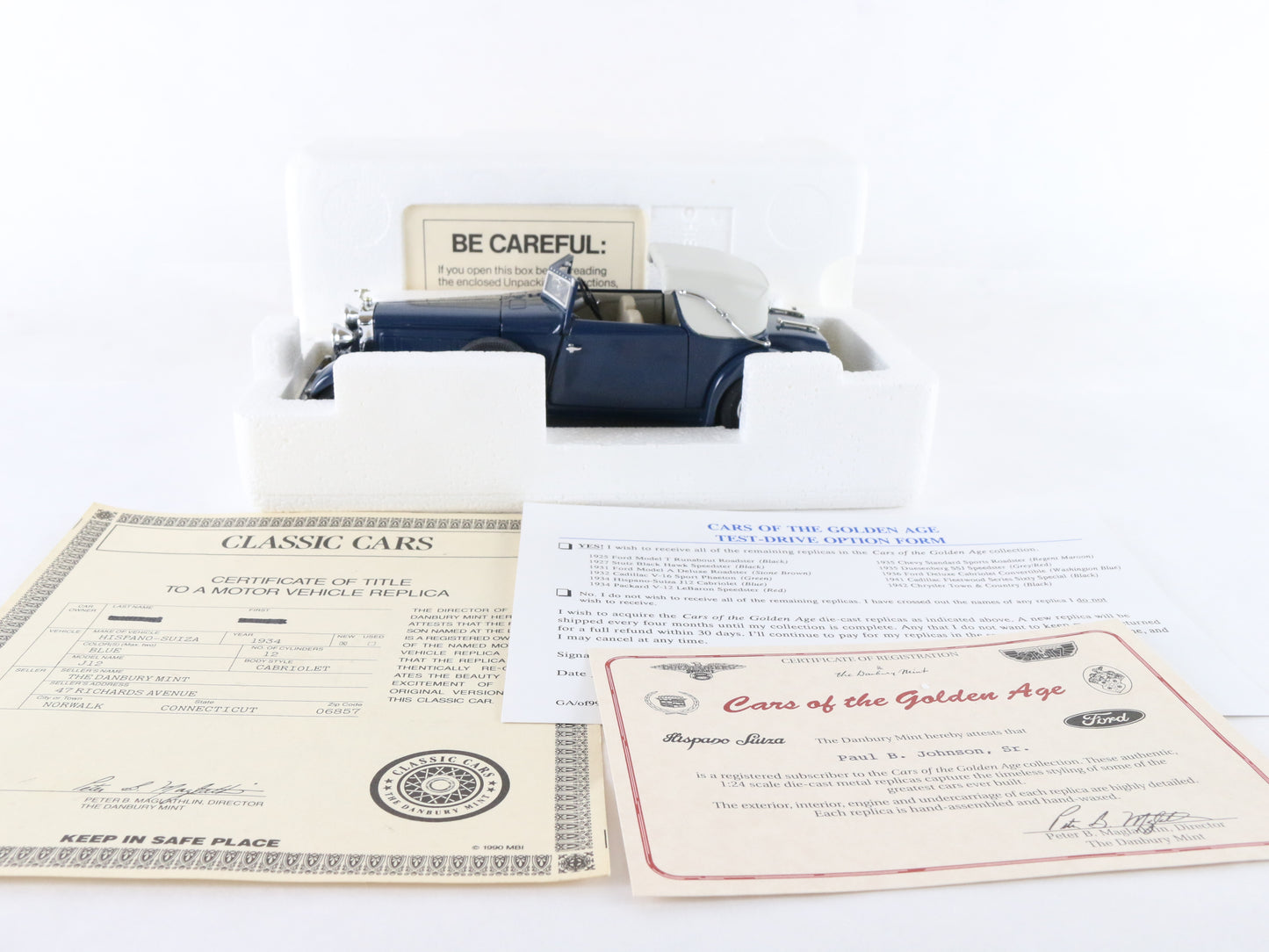 1934 Hispano Suiza J12 Blue White Cars Golden Age Danbury Mint 1:24 Diecast