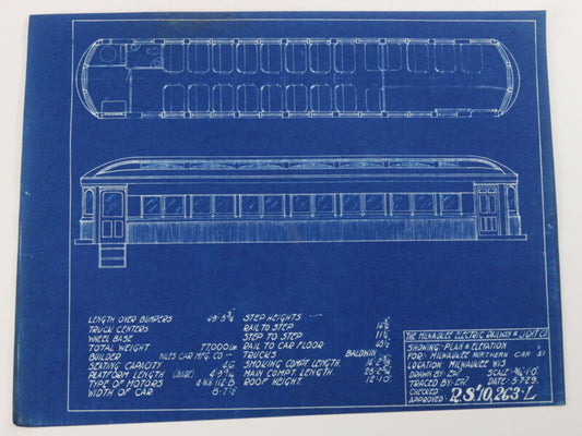 Milwaukee Electric Plan & Elevation Northern Car 51 Trolley Blueprint 1929 11"