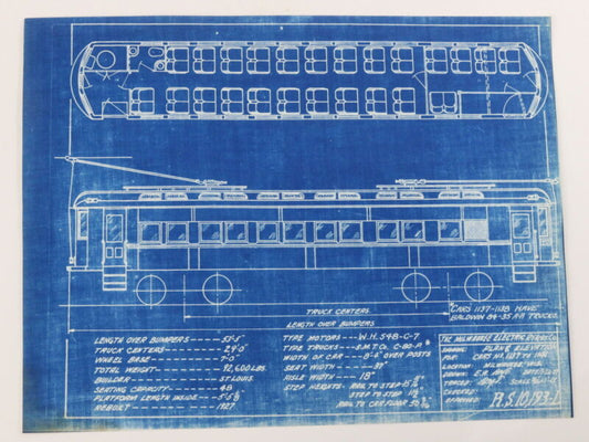 Milwaukee Electric Plan & Elevation Cars 1137-1141 Trolley Blueprint 1927 11"