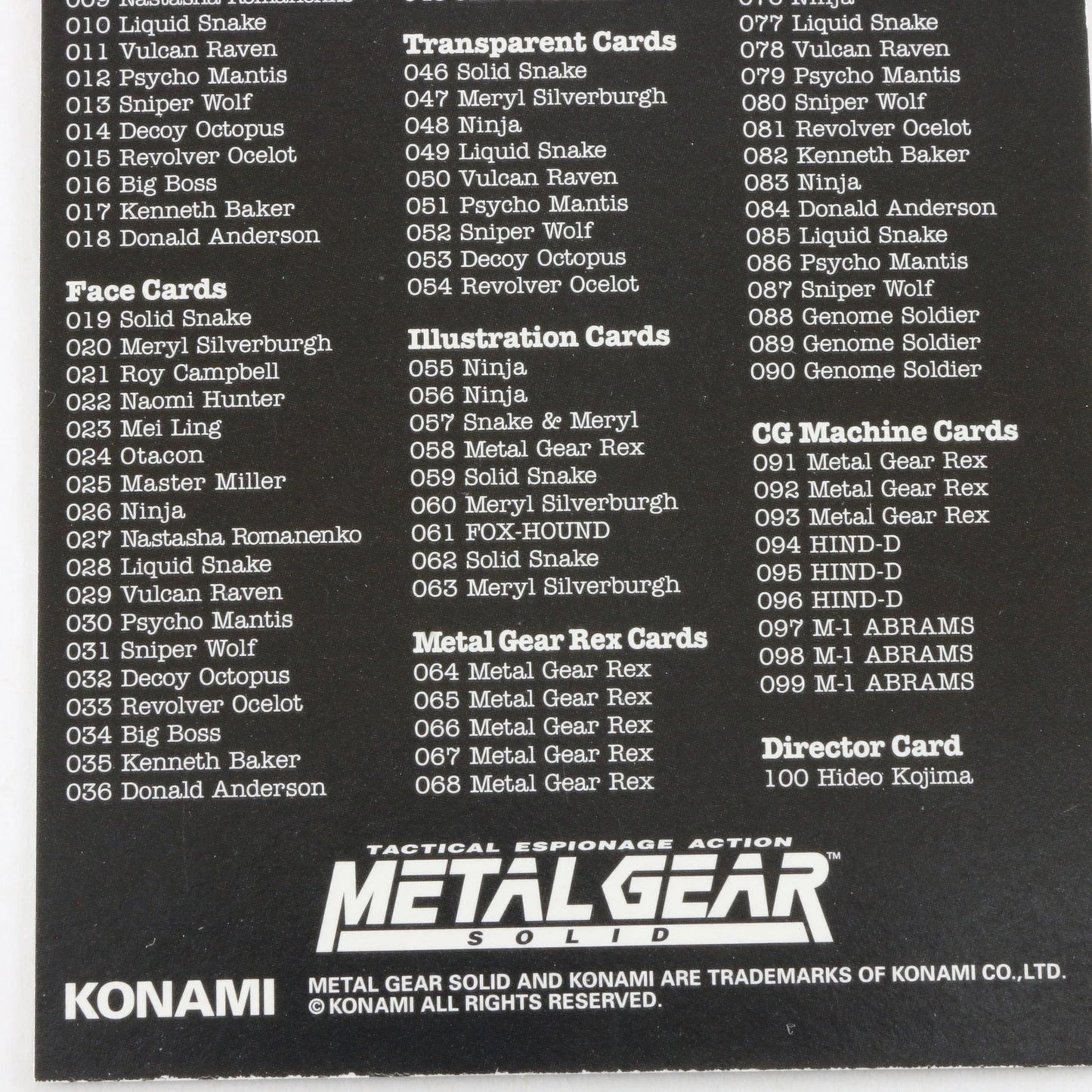 Metal Gear Solid Trading Card Checklist Meryl Silverburgh Konami
