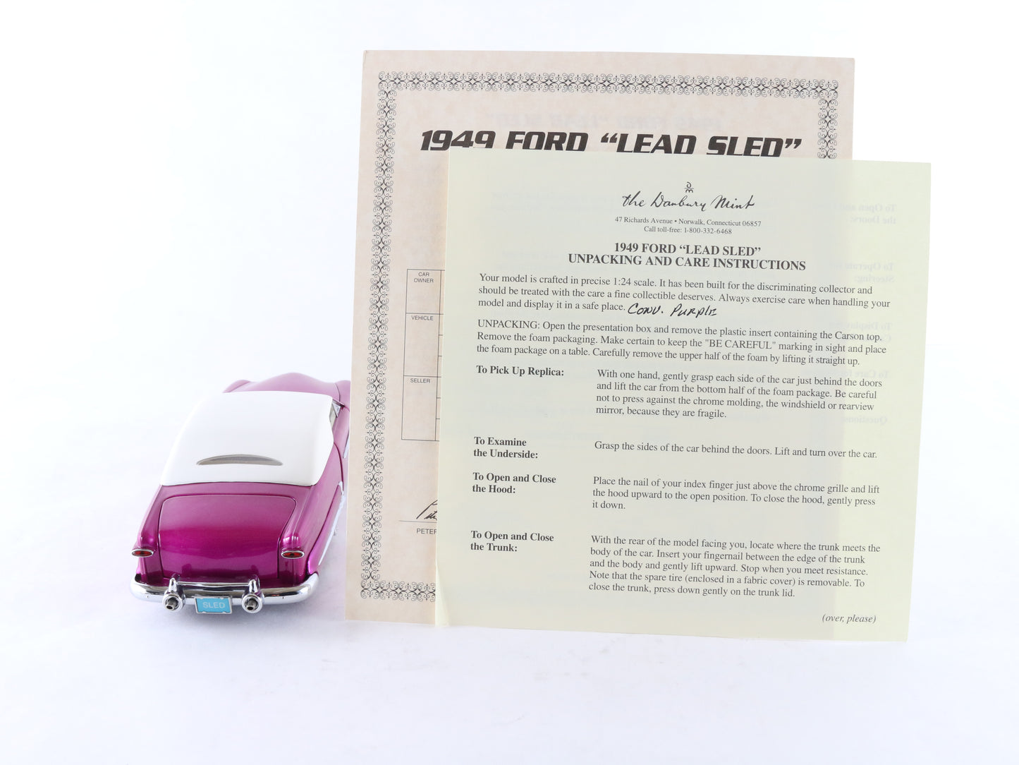 1949 Ford Custom Lead Sled Magenta White Roof Danbury Mint 1:24 Model Car
