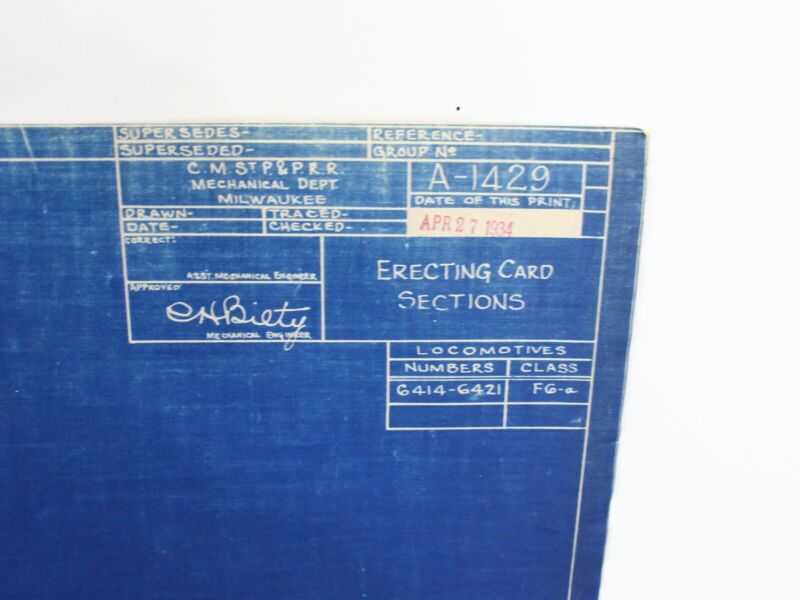 A-1429 CMSTP & PRR Erecting Card Blueprint Locomotives 6414-6421 F6-A-77 77"