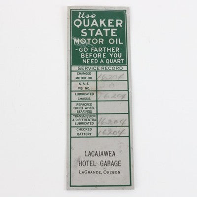 Vintage Quaker State Motor Oil Metal Service Record Badge Lagrande Oregon 4.25"