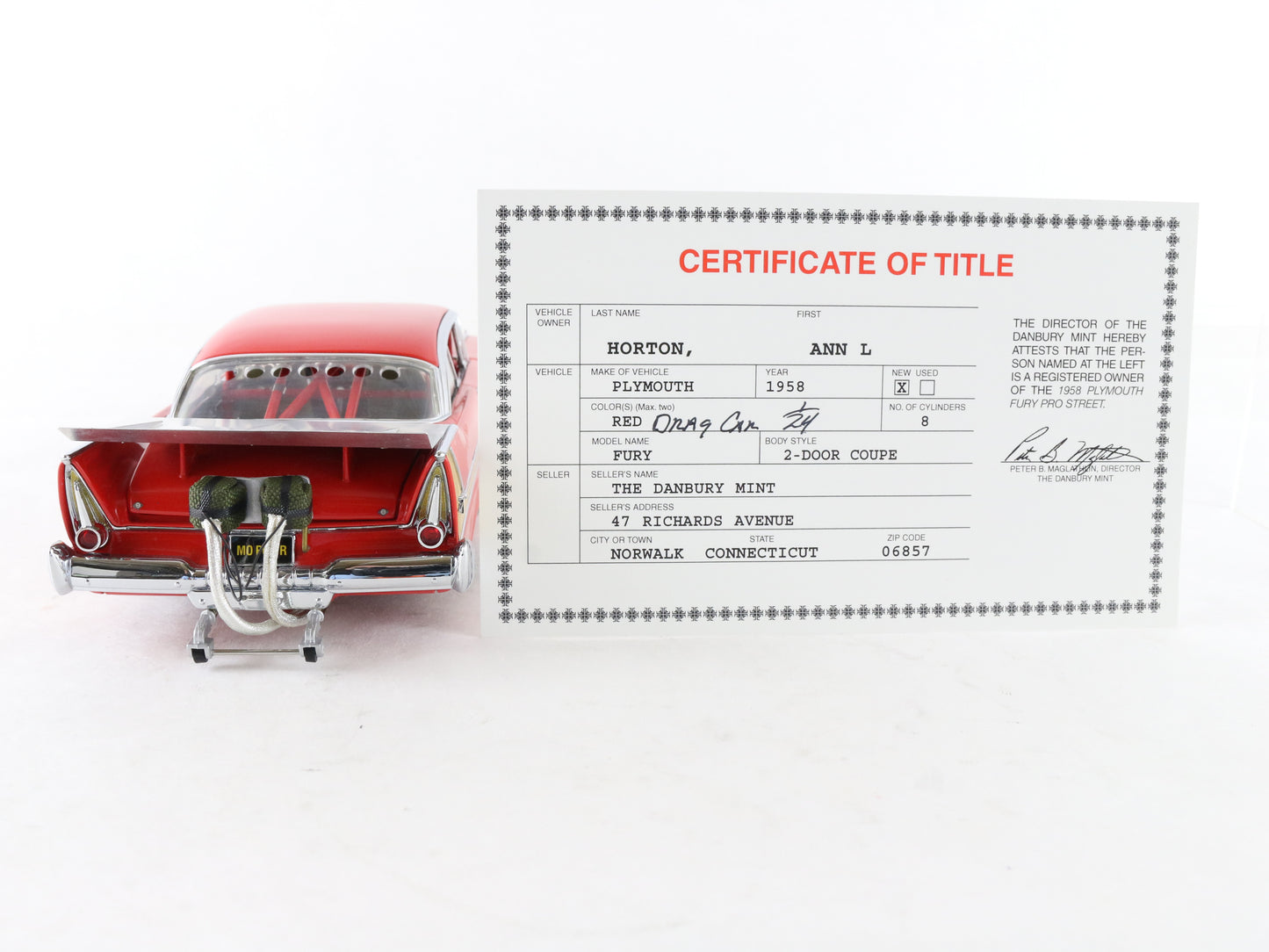 1958 Plymouth Fury Pro Street Red Dragster Danbury Mint 1:24 Model Car