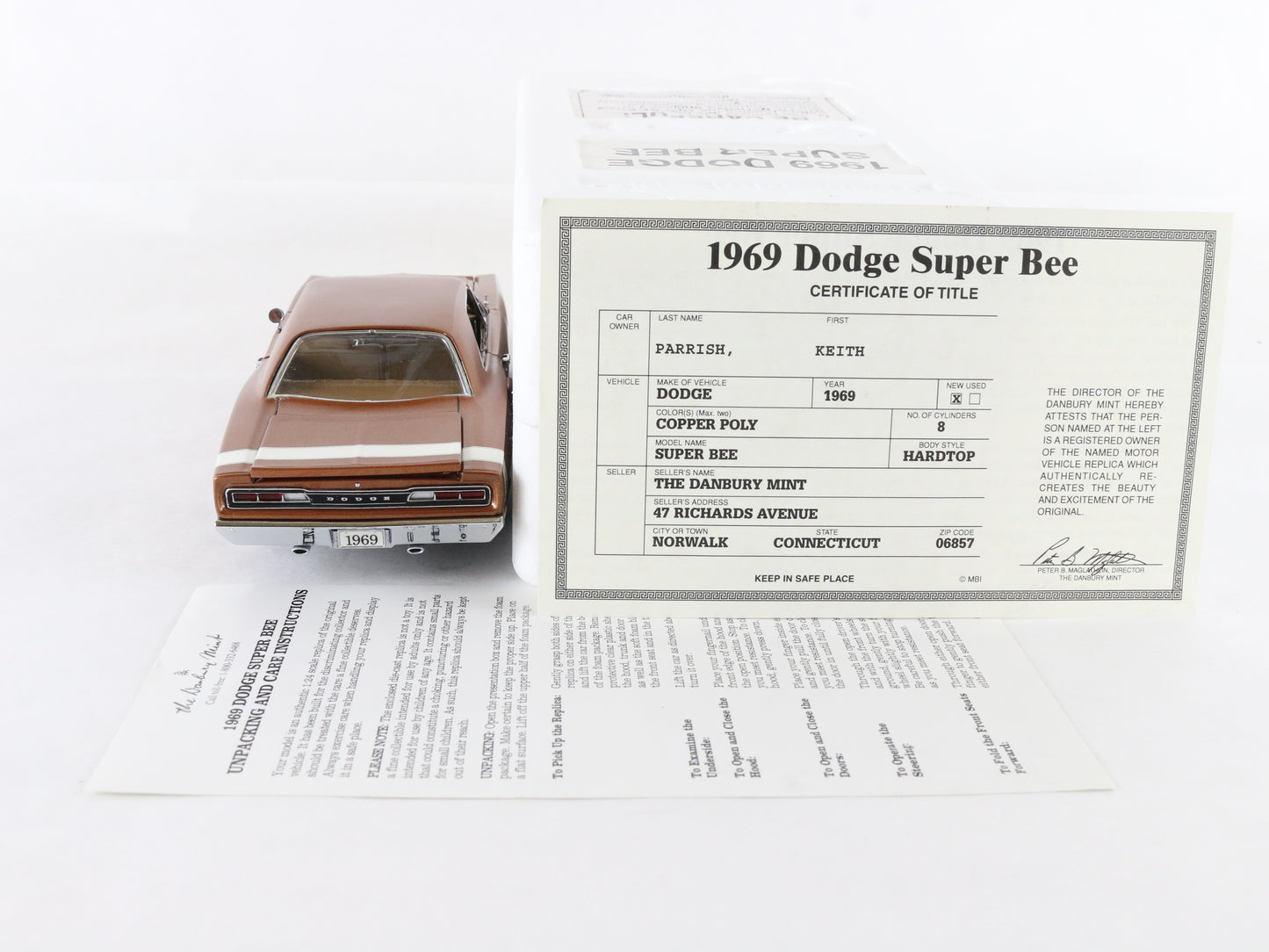1969 Dodge Super Bee Hardtop Copper Poly Brown Danbury Mint 1:24 Diecast Model