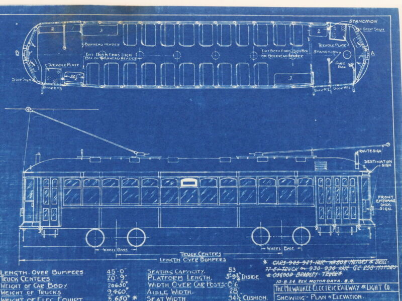 Milwaukee Electric Plan & Elevation Cars 925-964 Trolley Blueprint 1927 11"