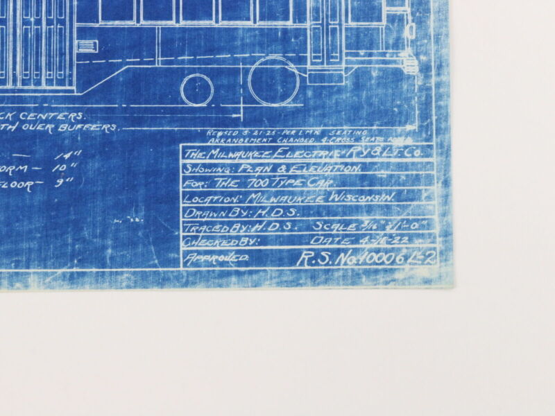 Milwaukee Electric Plan & Elevation 700 Type Car Trolley Blueprint 1922 11"