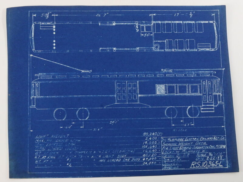 Milwaukee Electric Weight Data Light Loaded Combo Cars M17 Blueprint 1933 11"