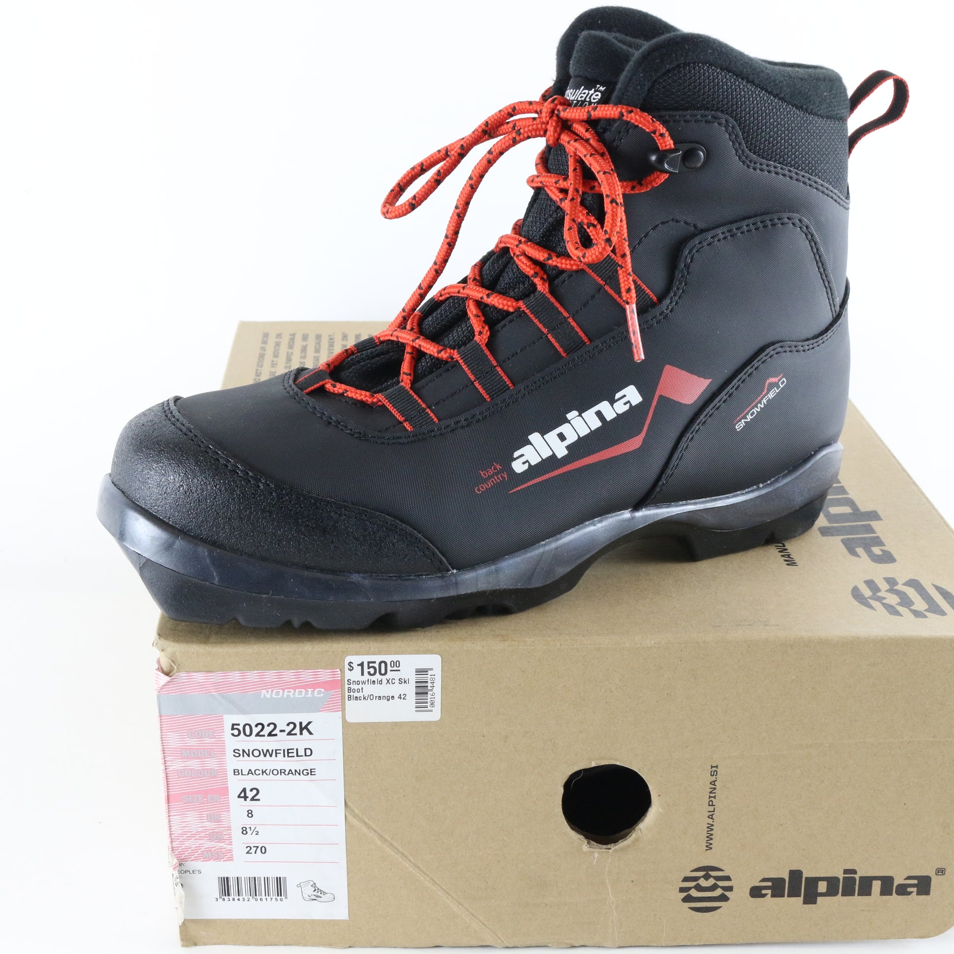 Alpina Snowfield Black & Orange Winter Cross Country Mens Ski Boots Size 8.5 USA