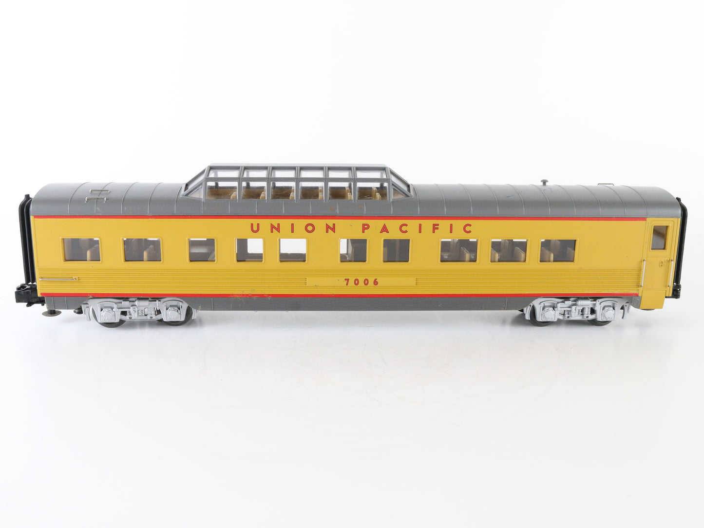 MTH O Union Pacific UP 7006 Illuminated Vista Dome Passenger Car 3 Rail – MTH O scale Union Pacific illuminated Vista Dome passenger car for 3-rail layouts.