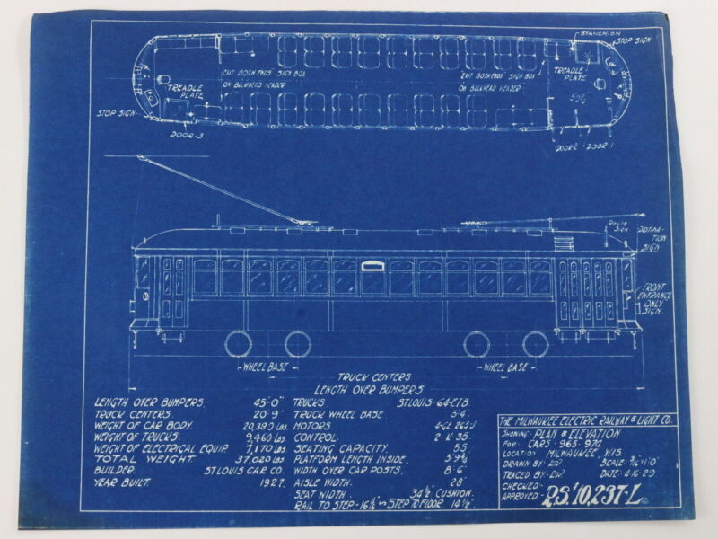 Milwaukee Electric Plan & Elevation Cars 965-974 Trolley Blueprint 1929 11"