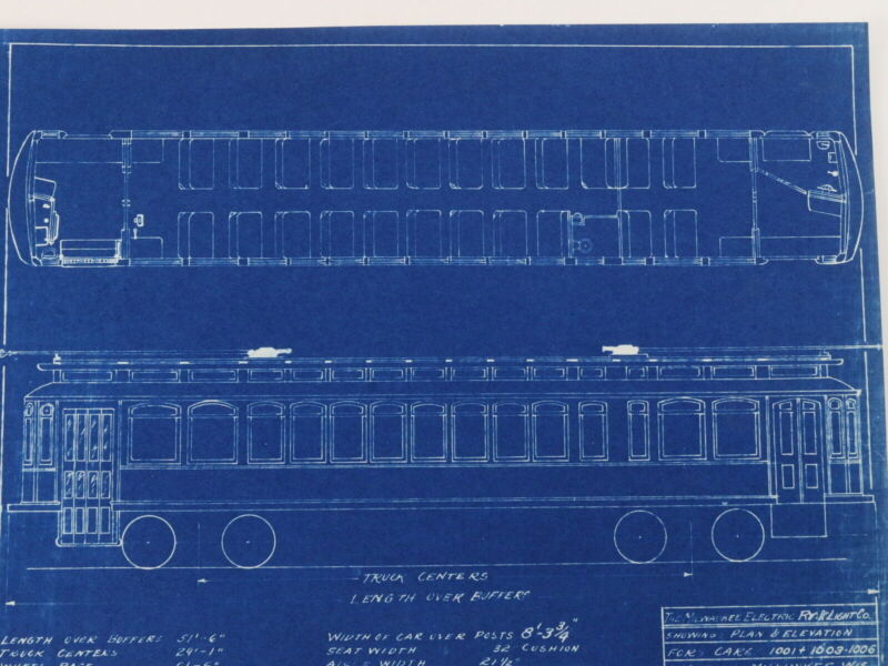 Milwaukee Electric Plan & Elevation Cars 1001 1003 Trolley Blueprint 1922 11"