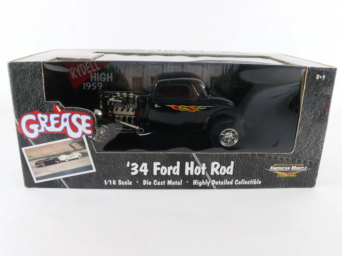 1934 '34 Ford Hot Rod Grease Movie American Muscle ERTL 1:18 Black +Flames 36602