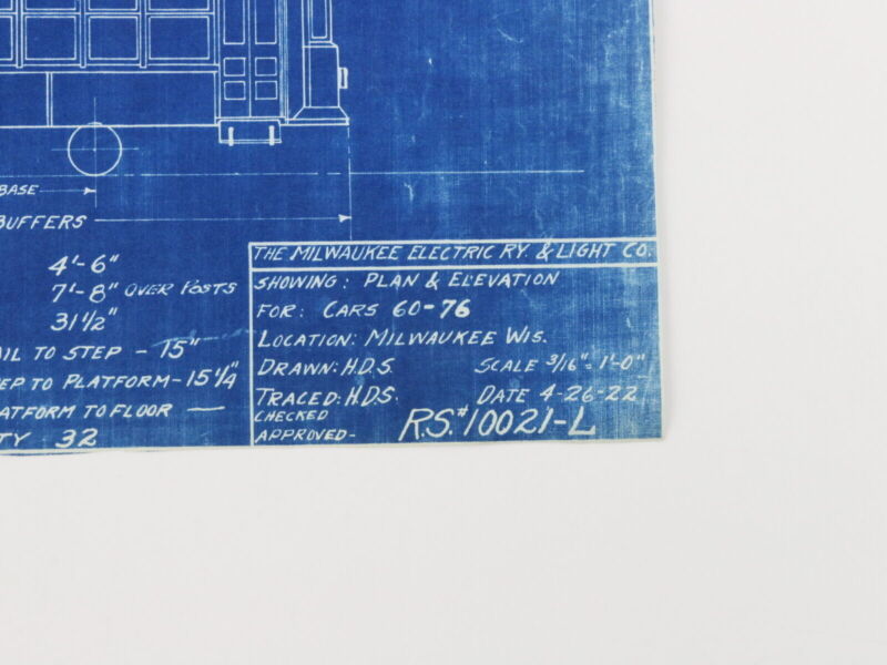 Milwaukee Electric Plan & Elevation Cars 60-76 Trolley Blueprint 1922 10"