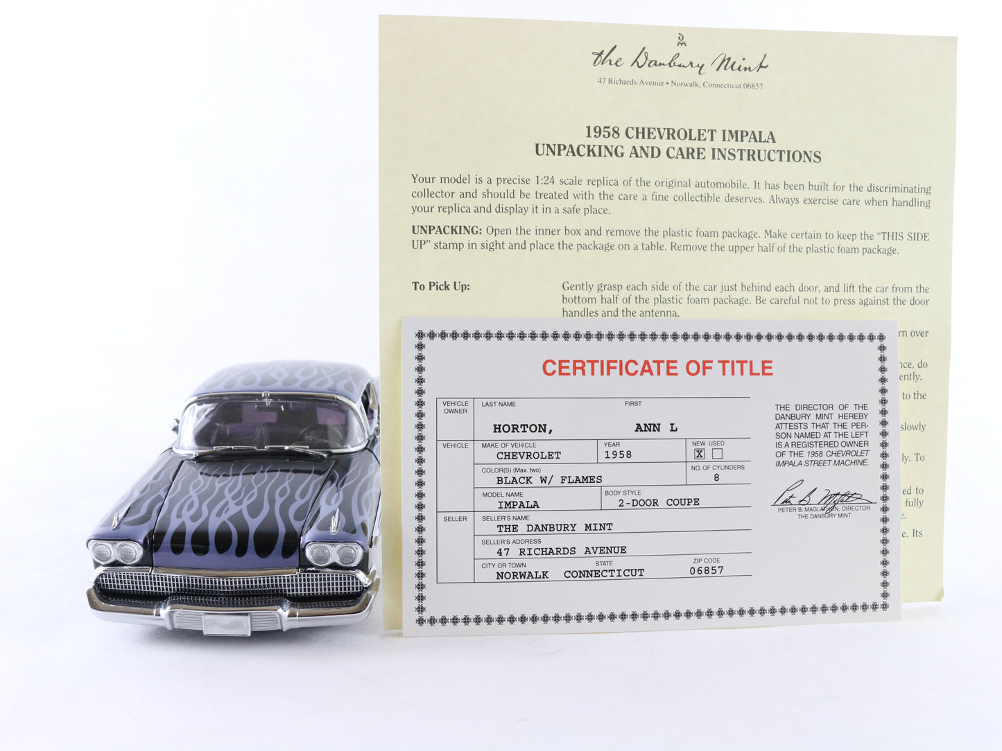 1958 Chevrolet Impala Street Machine Black W/ Flames Danbury Mint 1:24 Model Car