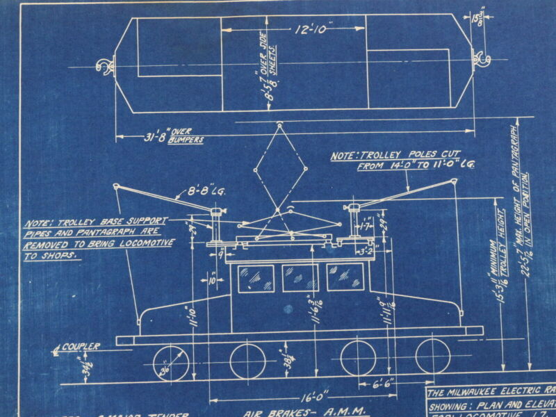 Milwaukee Electric Plan & Elevation L7 Locomotive Trolley Blueprint 1933 11"