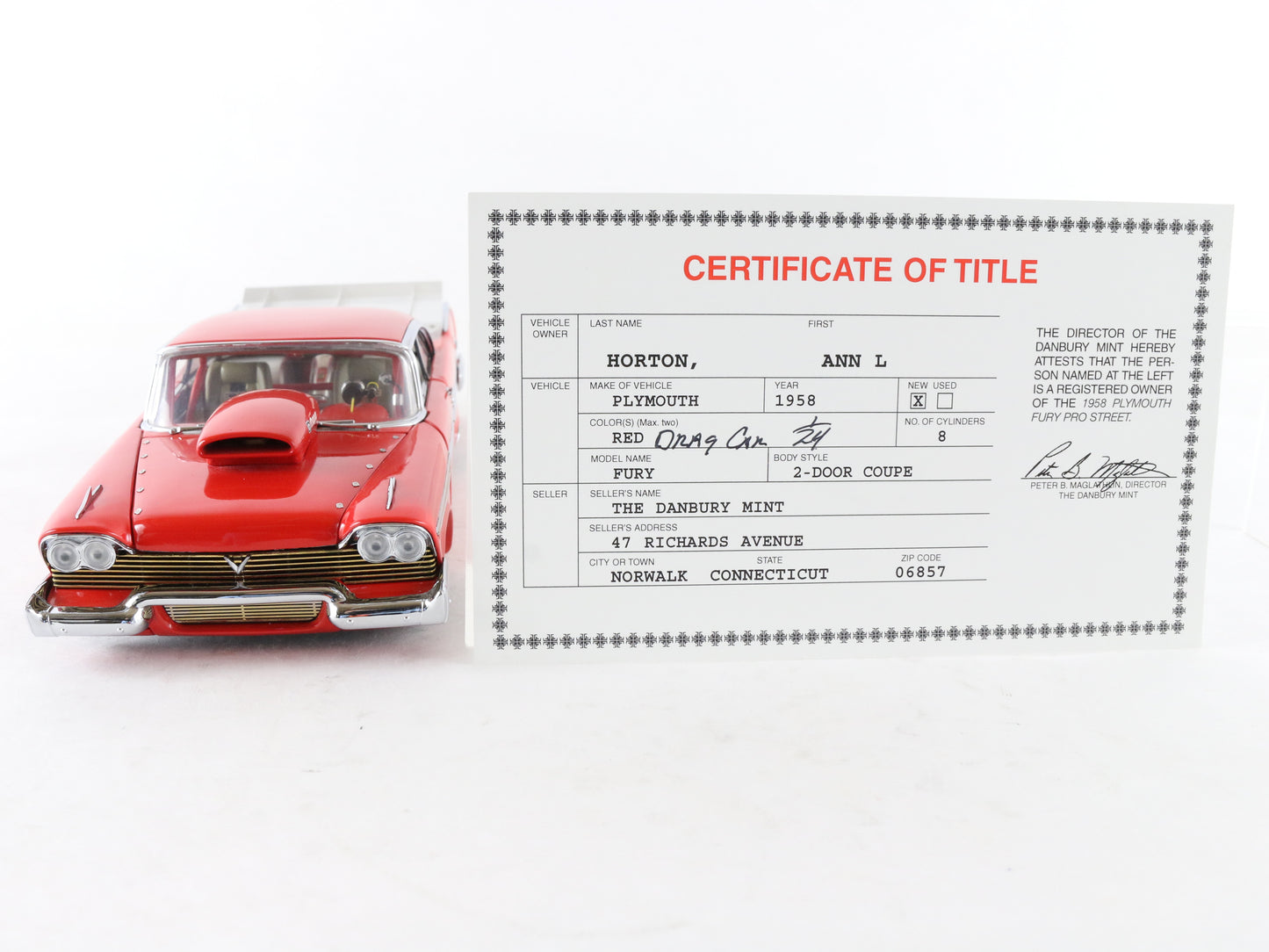 1958 Plymouth Fury Pro Street Red Dragster Danbury Mint 1:24 Model Car