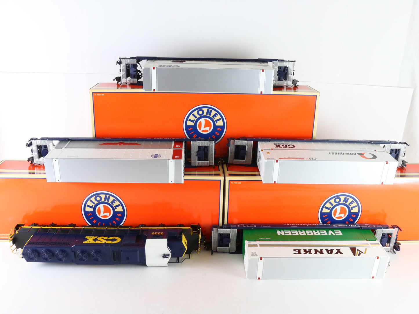 Lionel Set O 6-31760 CSX 3329 SD40-2 Husky Stacks Container Depressed Flat Cars