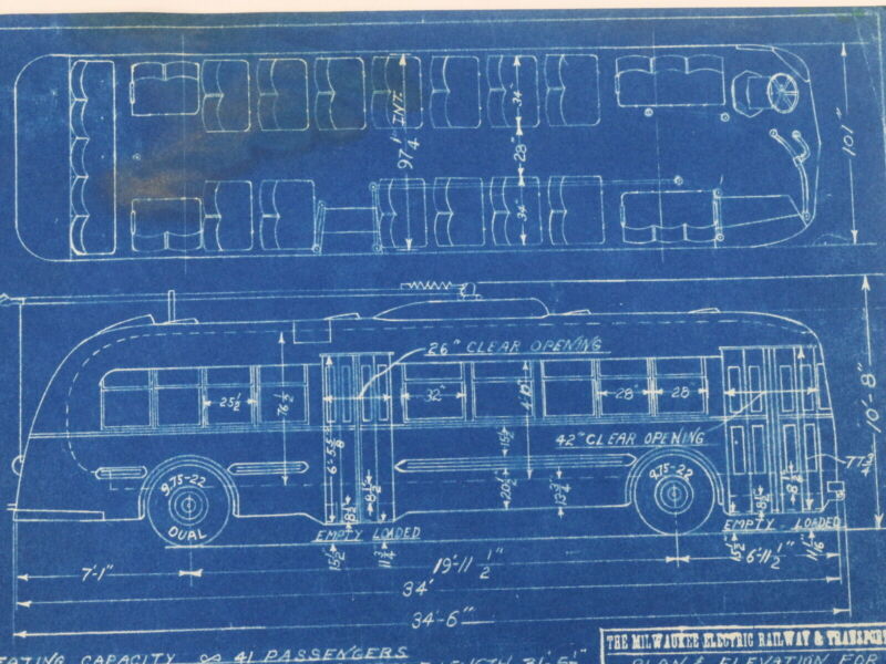 Milwaukee Electric Plan & Elevation Twin Coach 50-79 Trolley Blueprint 1949 11"