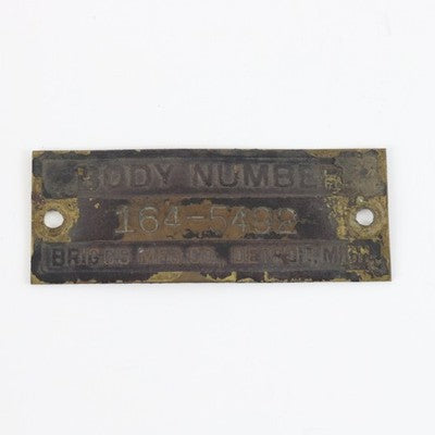 Vintage Body Number 164-5492 Briggs Manufacturing Detroit USA Metal Plate