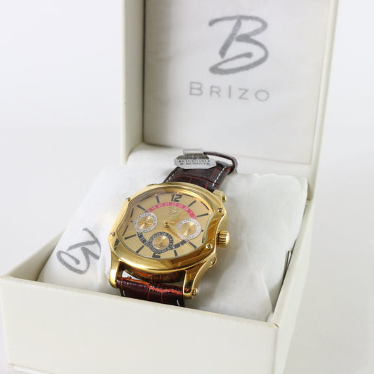 Brizo Swiss Quartz Watch Leather Band Brown and Gold Stainless Steel 3 ATM BC066-001