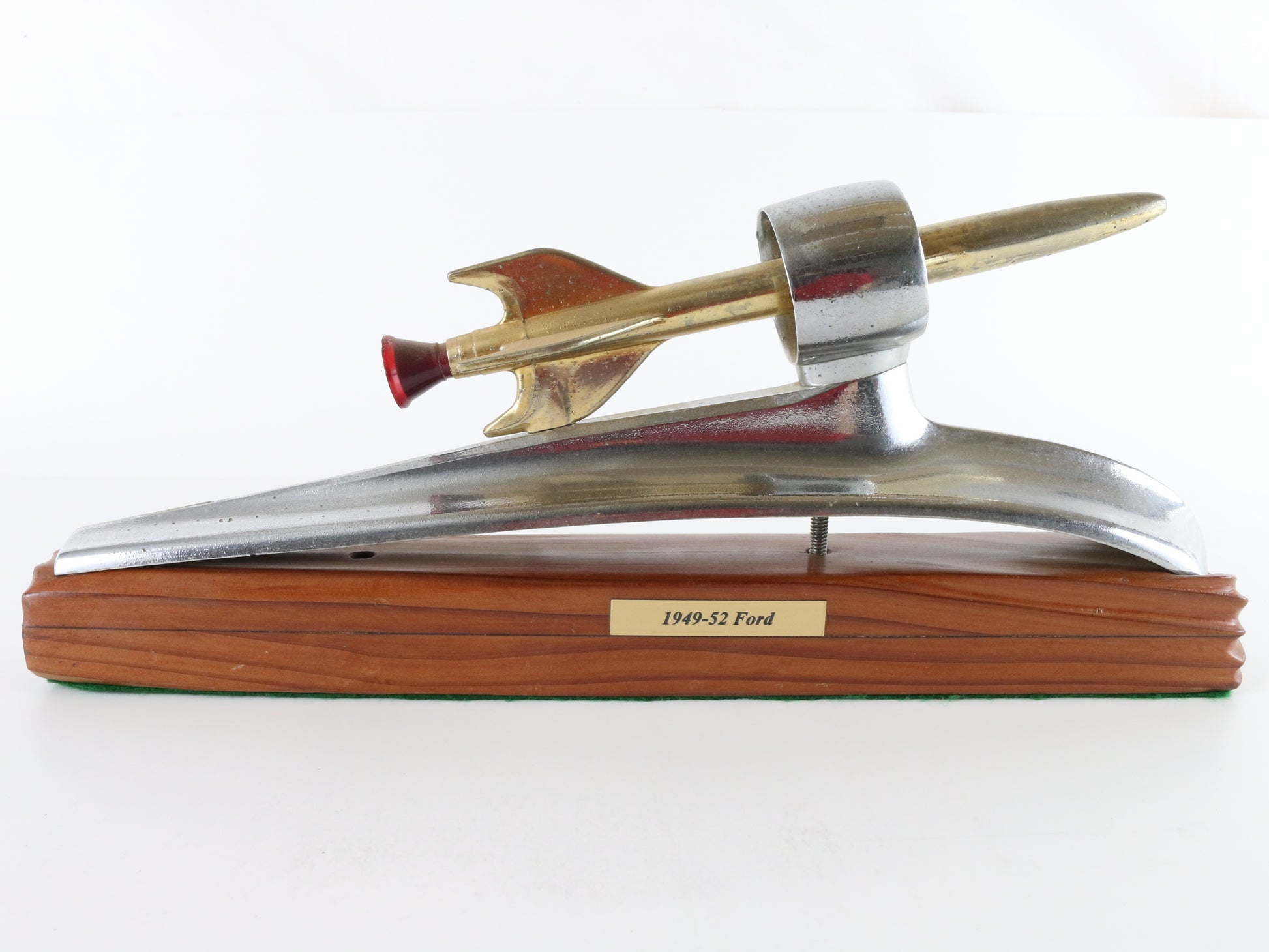 Vintage 1949-52 Ford Rocket Metal Hood Ornament with Custom Stand