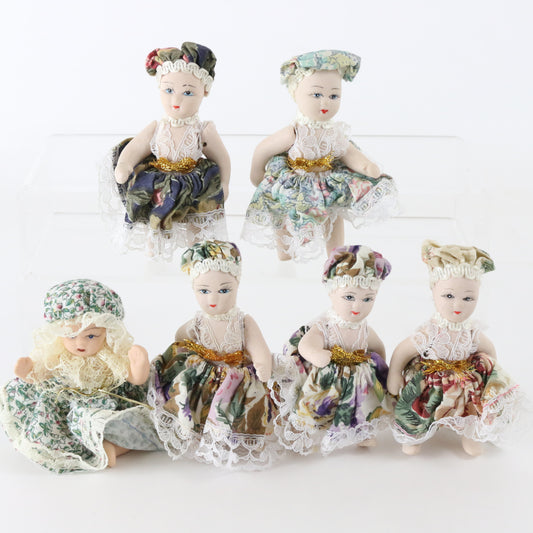 Lot Of 6 Marionette Small Tabletop Porcelain Girl Dolls 3.75"