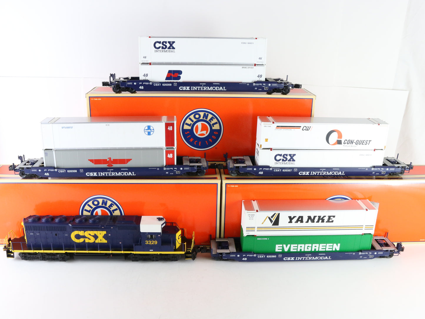 Lionel Set O 6-31760 CSX 3329 SD40-2 Husky Stacks Container Depressed Flat Cars