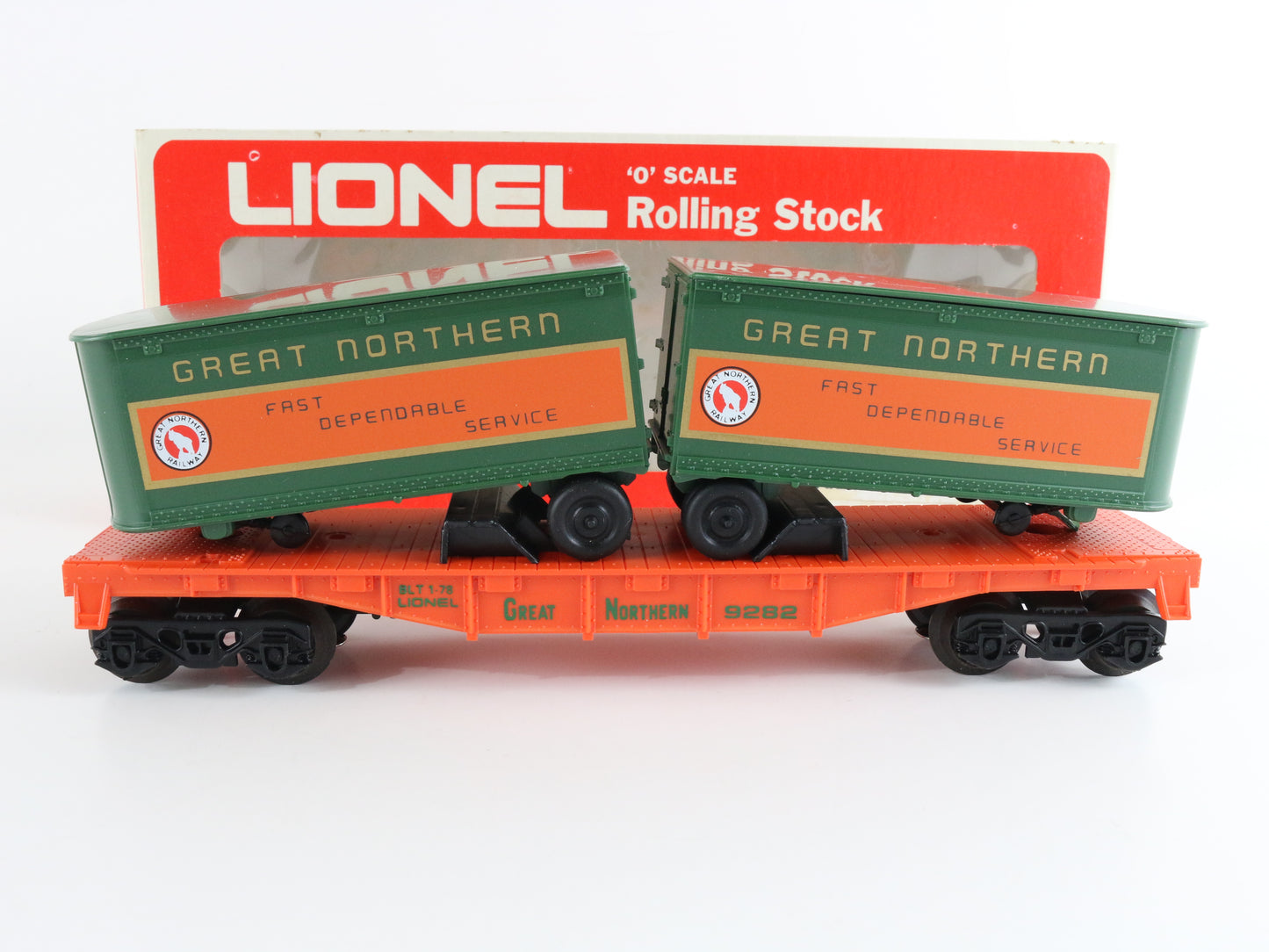 Lionel O 6-9282 Great Northern GN 9282 Piggyback Flat Car W/ Trailers colorful GN intermodal flat car set