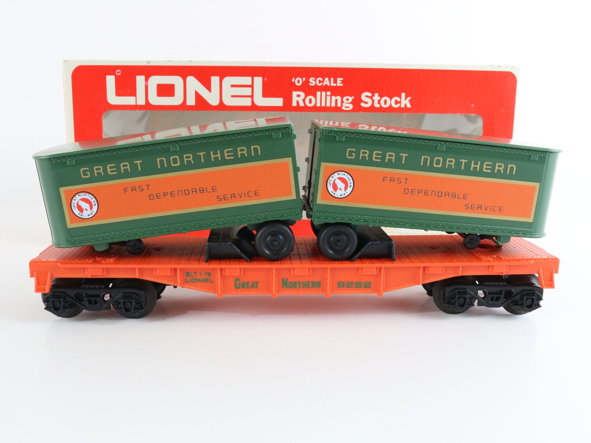 Lionel O 6-9282 Great Northern GN 9282 Piggyback Flat Car W/ Trailers colorful GN intermodal flat car set
