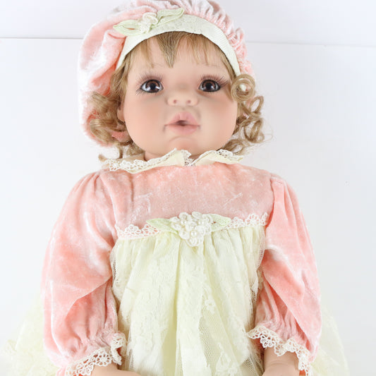 Pink & White Dress Girl Large 22.5" Vinyl Doll W/ Clothes & Hat 71/750